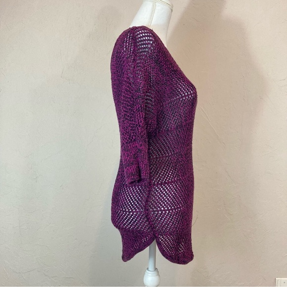Express Purple Black Open Knit Sheer 3/4 Sleeve V-neck Sweater Small - Picture 2 of 6